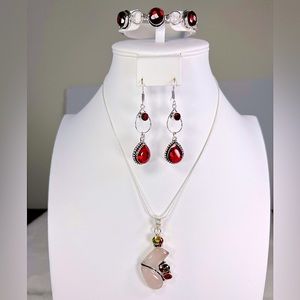 Rose Quartz 🔥 Fire Topaz, Garnet Pendant Bracelet Earrings Set